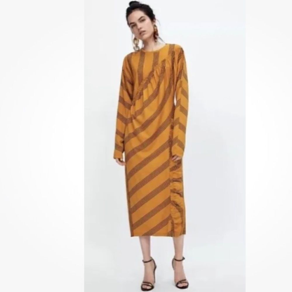 Zara Striped Mustard and Brown Dress